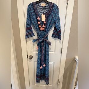 Figue Boho floral printed midi dress Size S Elegant Blue and Pink Tassel Dress